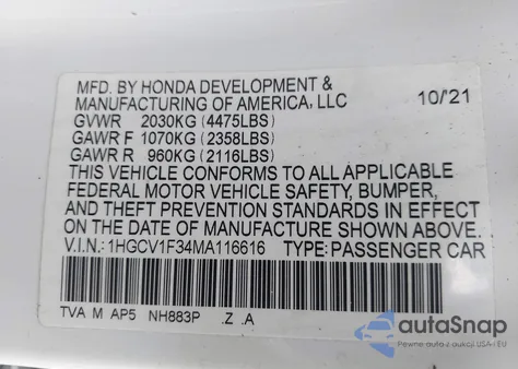 2021 Honda Accord Sport из США, поврежденный, VIN 1HGCV1F34MA116616